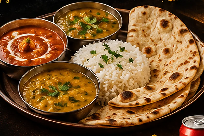 A Desi Dhaba thali: butter chicken, two dals, steamed rice and fresh chapati